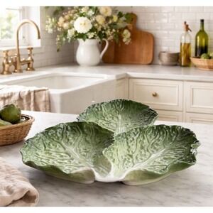 VTG Paris Royal Cabbage Leaf Divided Serving Dish Green Ceramic Majolica 3-Part